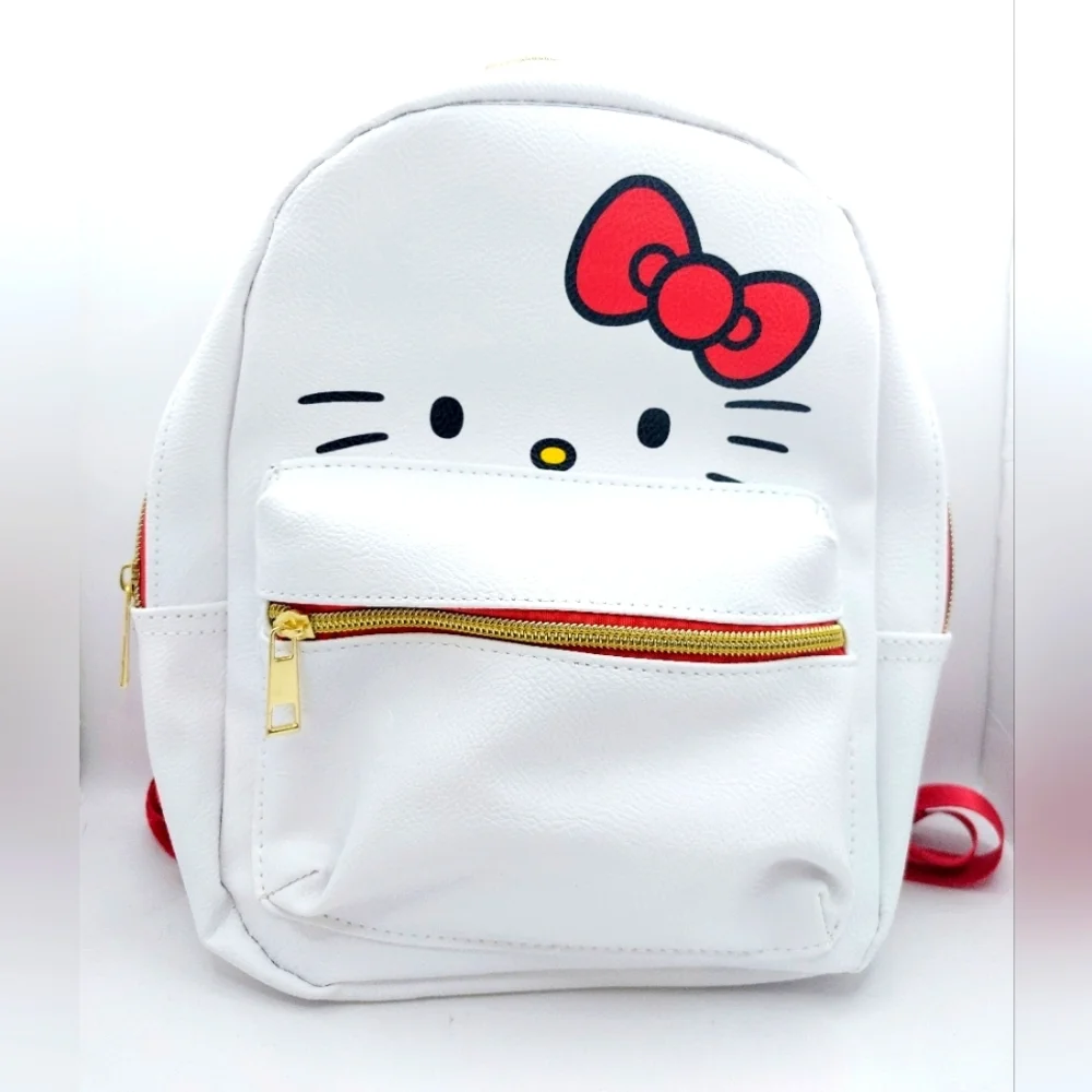 Sanrio Hello Kitty Mini Backpack Purse 10” White Faux Leather Gold Zip Cute Kawa